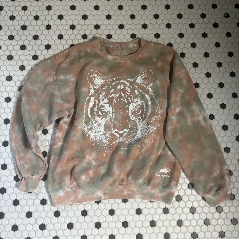 Crew Neck Tie-Dye Tiger Print Sweater